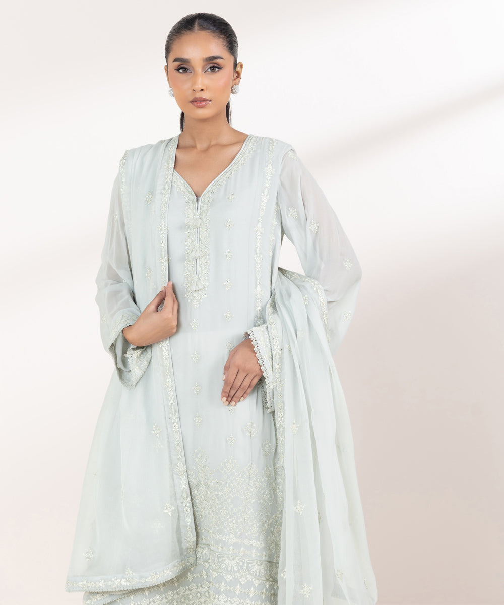 Women's Pret Bemberg Georgette Chiffon Embroidered Grey 2 Piece Suit