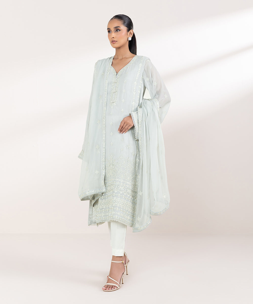 Women's Pret Bemberg Georgette Chiffon Embroidered Grey 2 Piece Suit