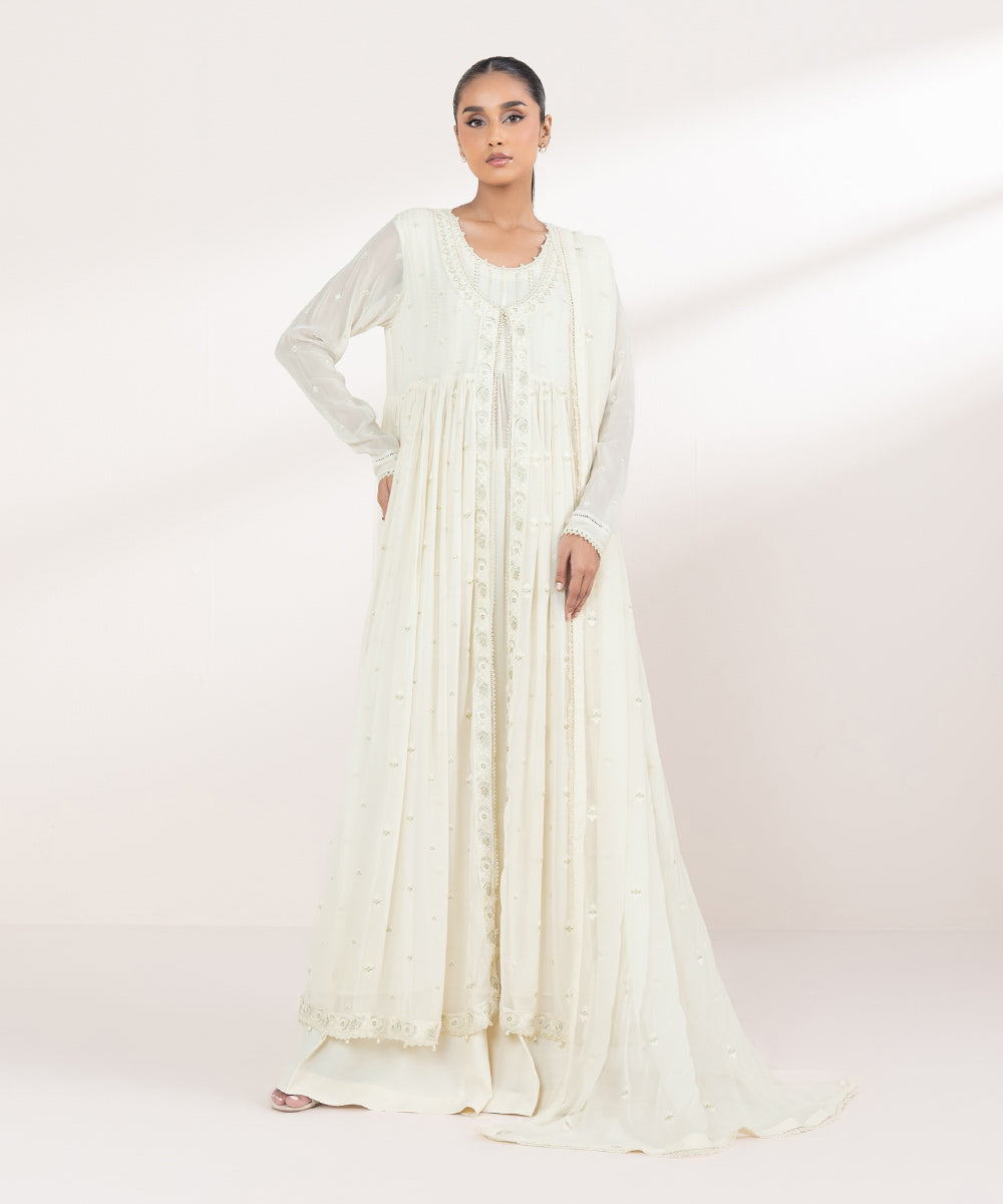 Women's Pret Bemberg Georgette Chiffon Embroidered Off White 3 Piece Suit