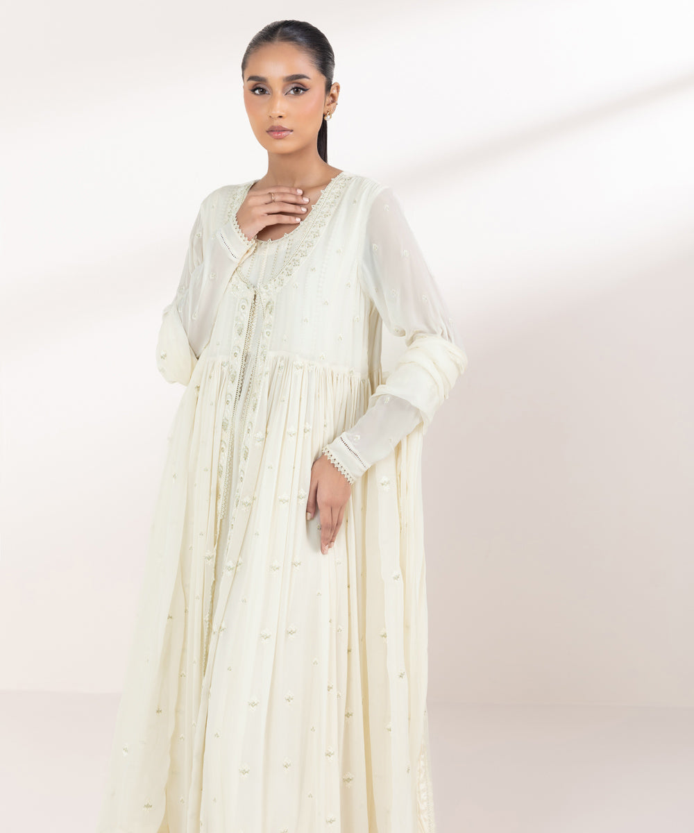 Women's Pret Bemberg Georgette Chiffon Embroidered Off White 3 Piece Suit