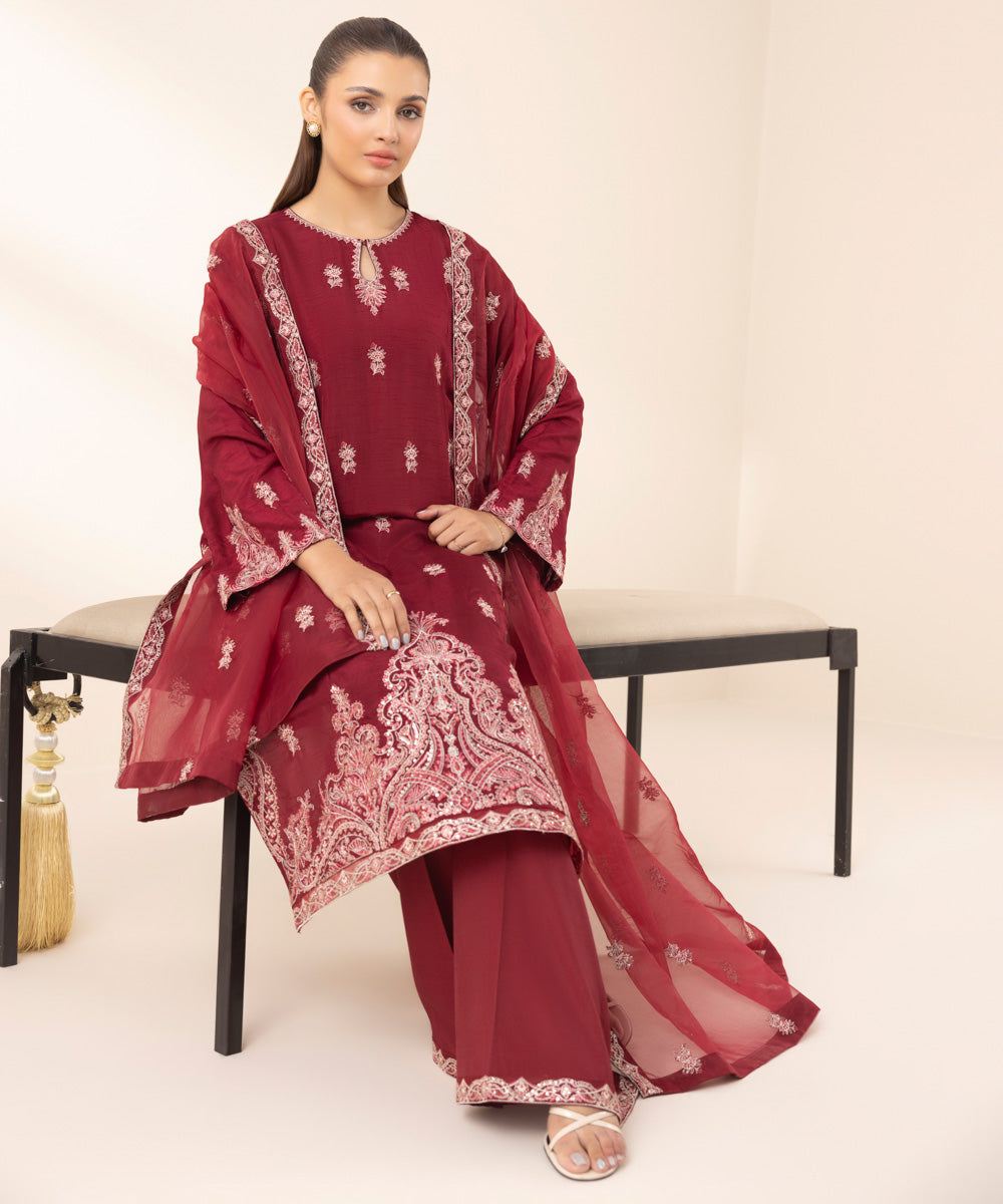 Women's Pret Blended Net Red Embroidered 3 Piece Suit