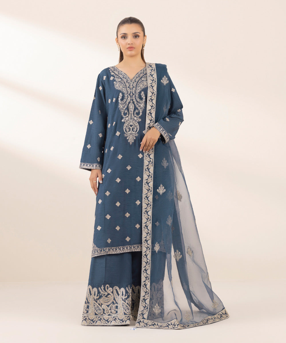 Women's Pret Blended Organza Blue Embroidered 3 Piece Suit