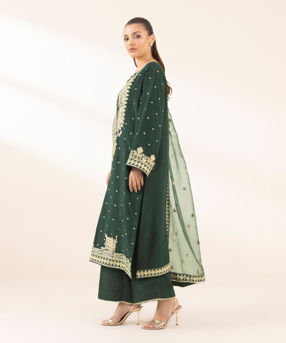 Women's Pret Blended Organza Green Embroidered 3 Piece Suit