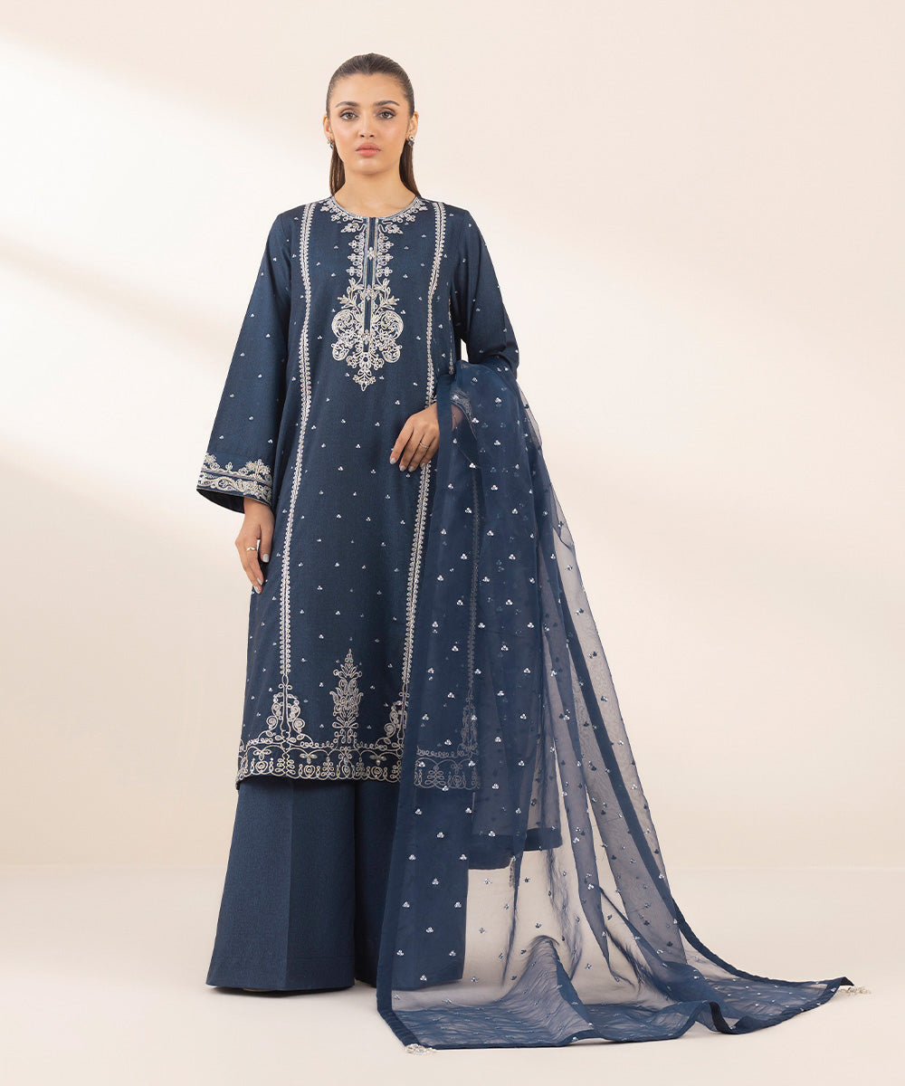 Women's Pret Blended Organza Blue Embroidered 3 Piece Suit