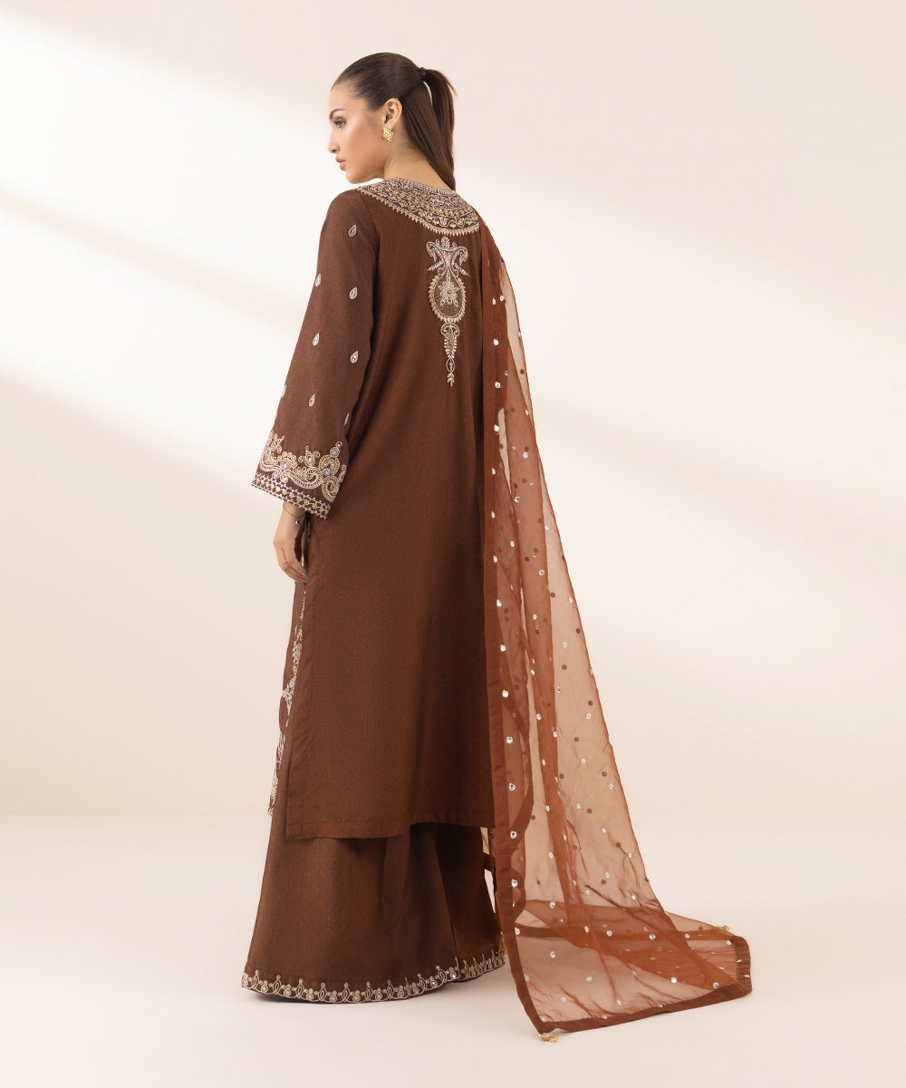 Women's Pret Blended Organza Brown Embroidered 3 Piece Suit