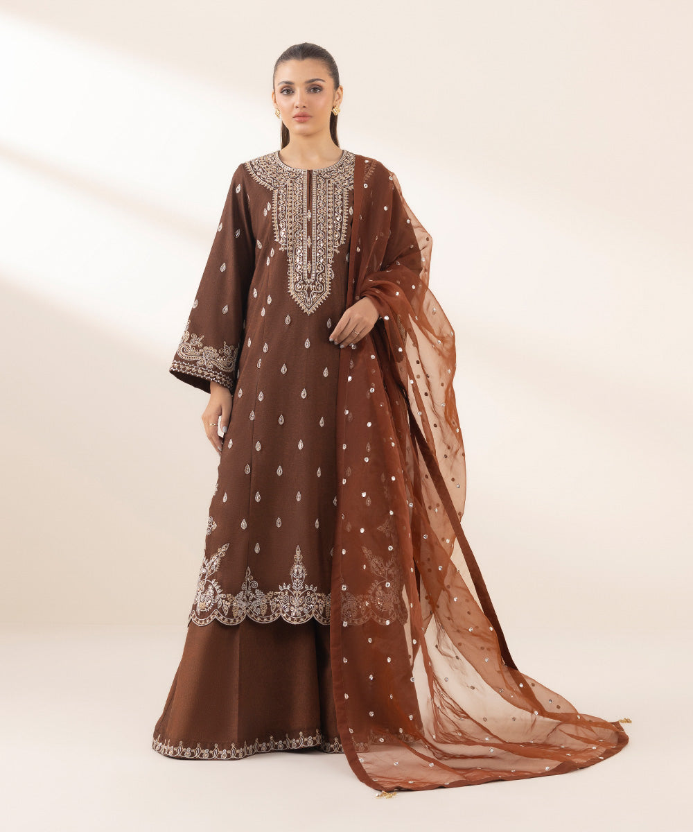 Women's Pret Blended Organza Brown Embroidered 3 Piece Suit