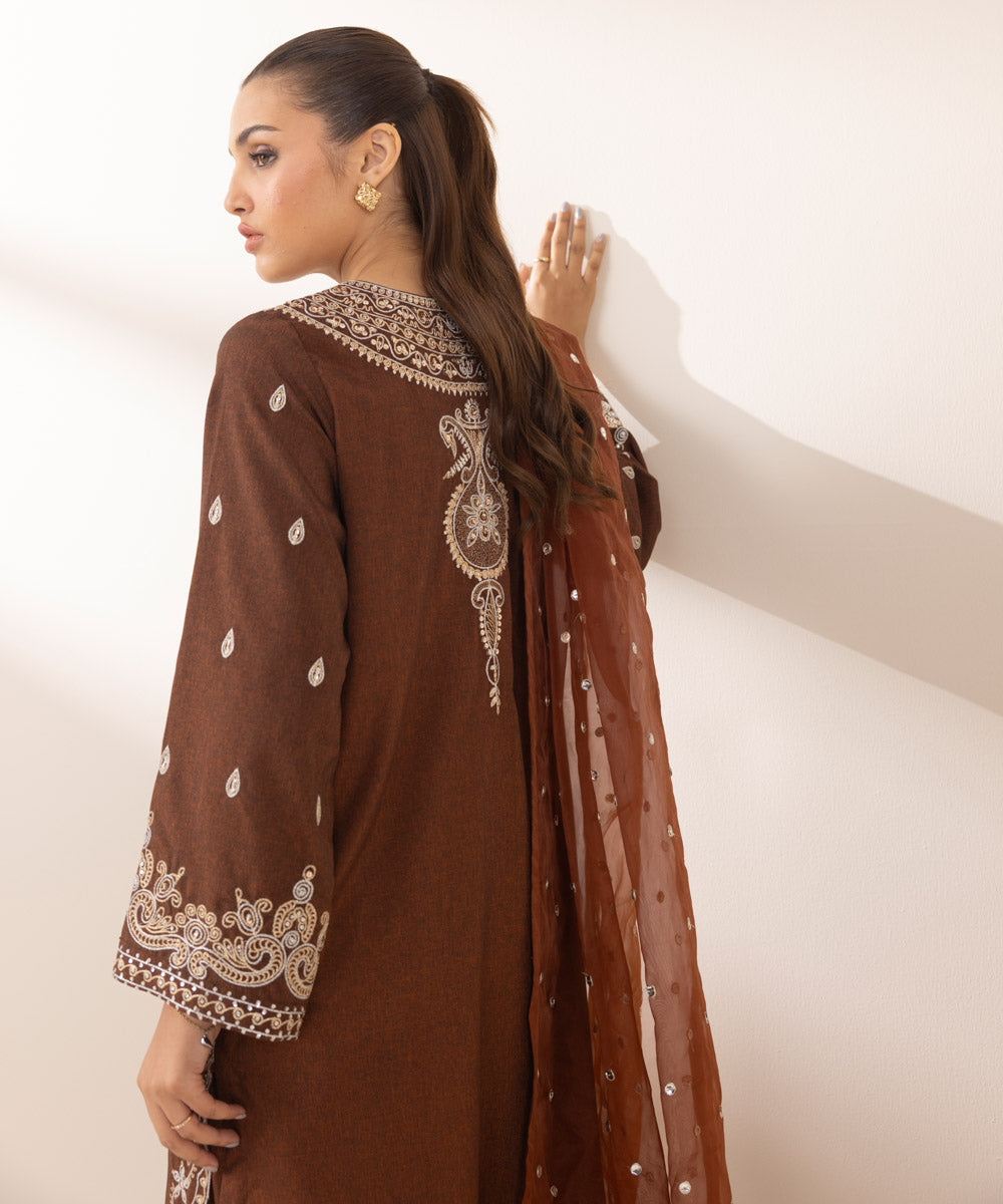 Women's Pret Blended Organza Brown Embroidered 3 Piece Suit