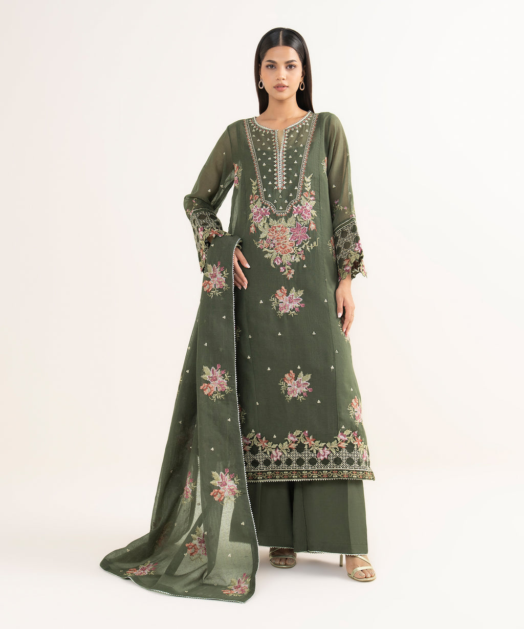 Women's RTW Blended Textured Karandi Green Embroidered 3 Piece Suit