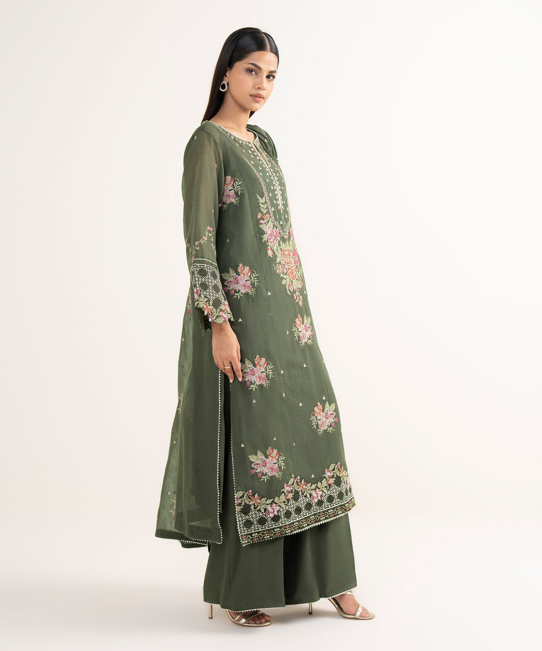 Women's RTW Blended Textured Karandi Green Embroidered 3 Piece Suit
