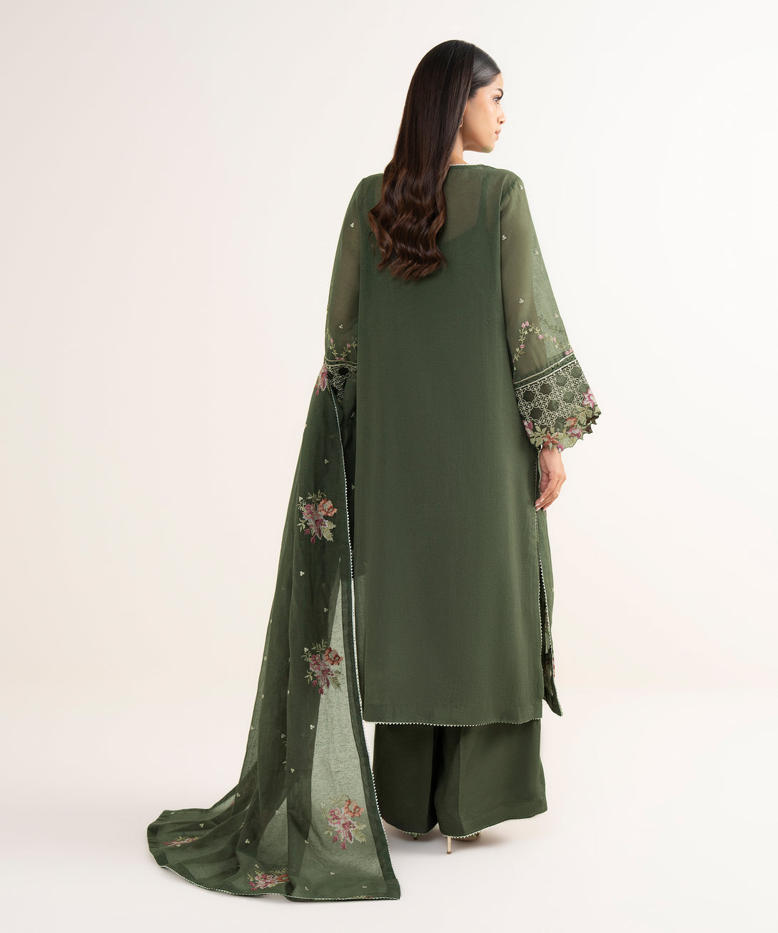 Women's RTW Blended Textured Karandi Green Embroidered 3 Piece Suit
