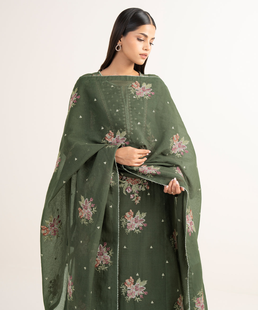 Women's RTW Blended Textured Karandi Green Embroidered 3 Piece Suit