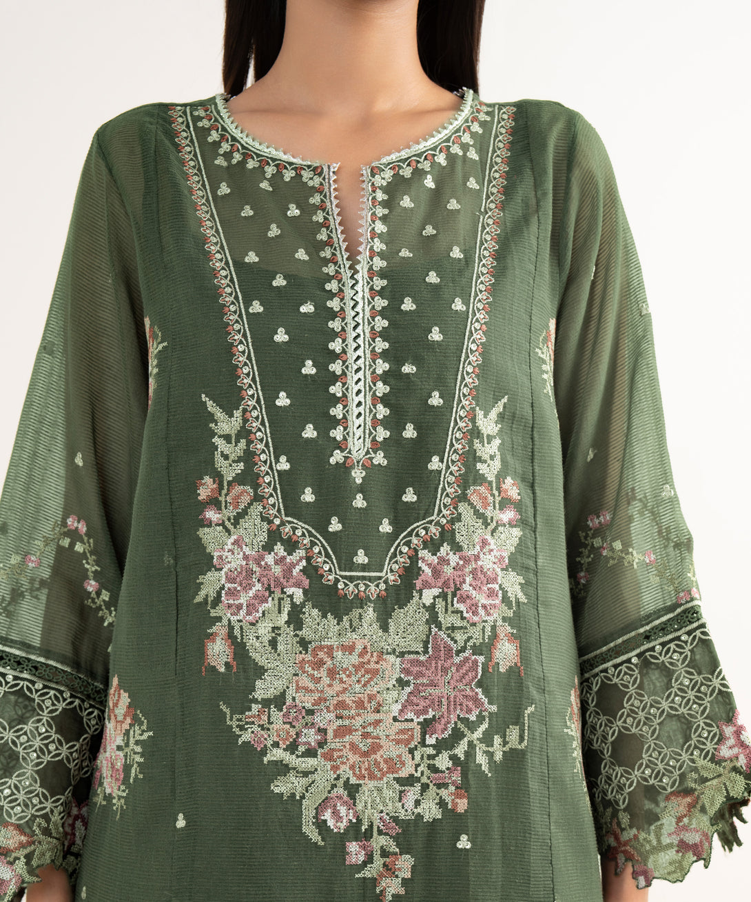 Women's RTW Blended Textured Karandi Green Embroidered 3 Piece Suit