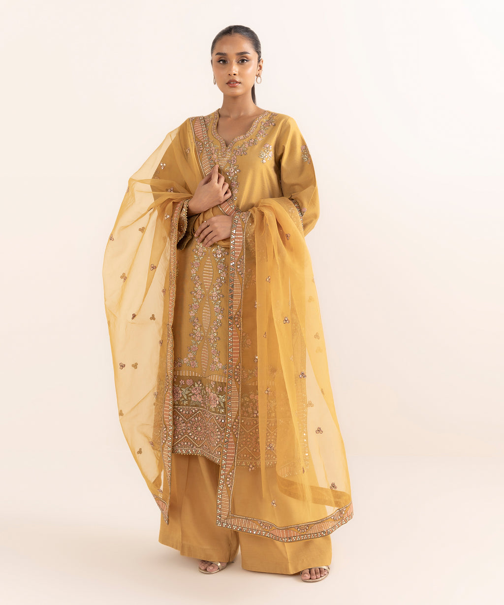 Women's RTW Silk Cotton Net Yellow Embroidered 3 Piece Suit