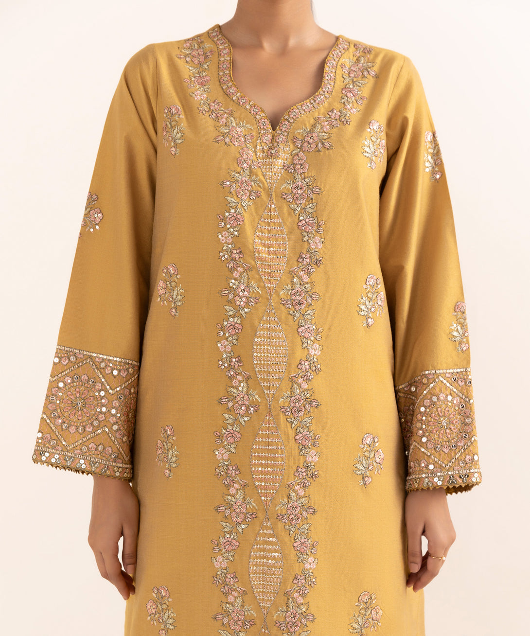 Women's RTW Silk Cotton Net Yellow Embroidered 3 Piece Suit