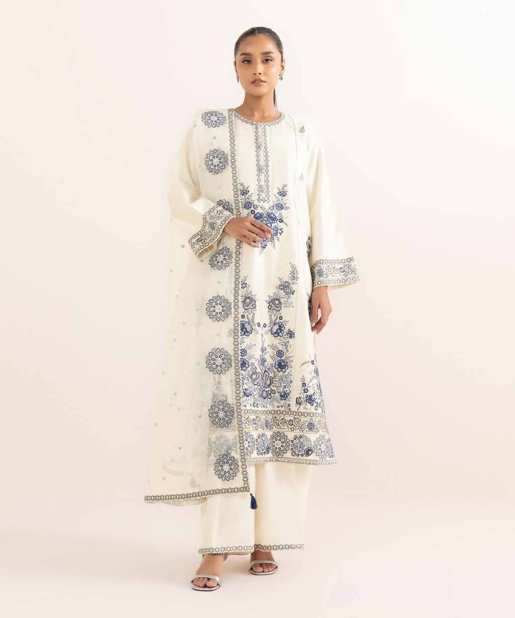 Women's RTW Silk Cotton Net White Embroidered 3 Piece Suit