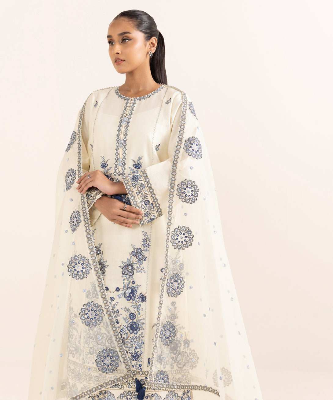 Women's RTW Silk Cotton Net White Embroidered 3 Piece Suit