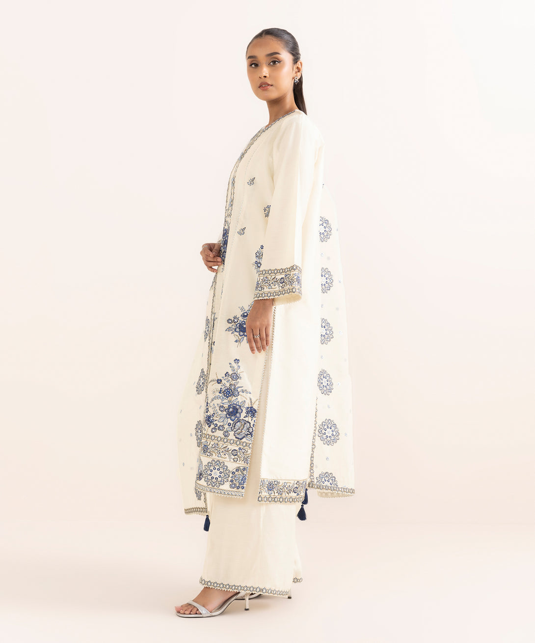 Women's RTW Silk Cotton Net White Embroidered 3 Piece Suit