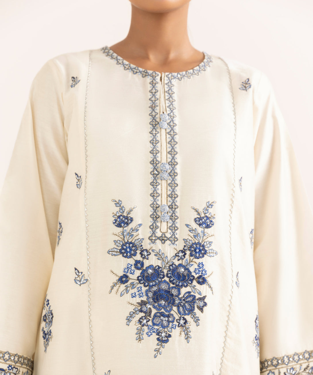 Women's RTW Silk Cotton Net White Embroidered 3 Piece Suit