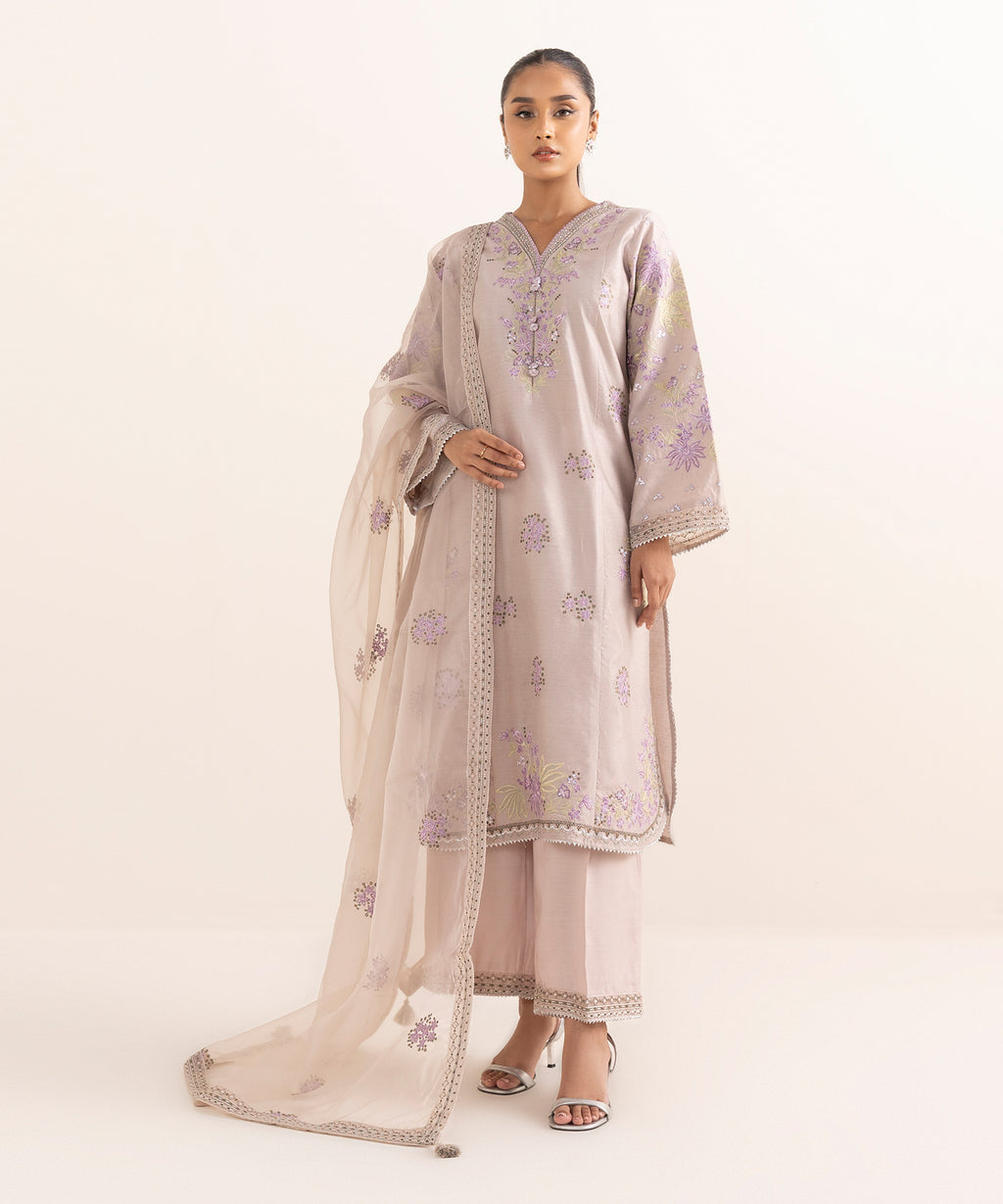 Women's RTW Silk Cotton Net Grey Embroidered 3 Piece Suit