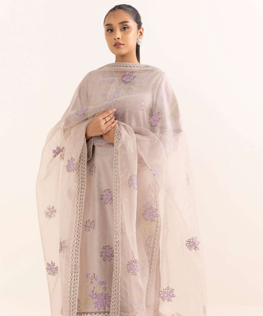 Women's RTW Silk Cotton Net Grey Embroidered 3 Piece Suit