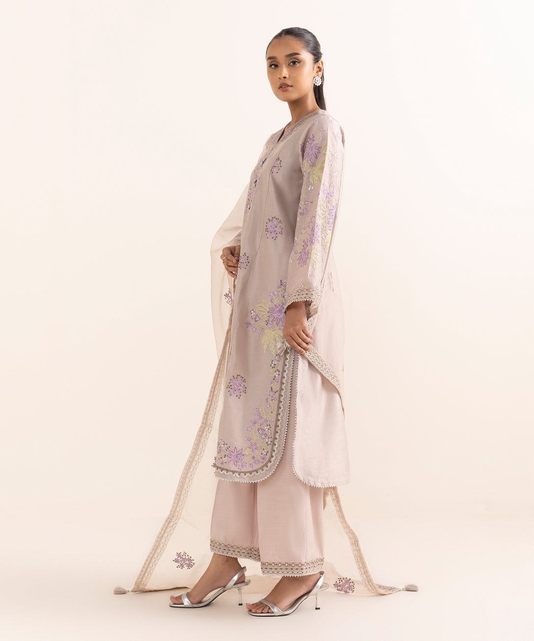 Women's RTW Silk Cotton Net Grey Embroidered 3 Piece Suit