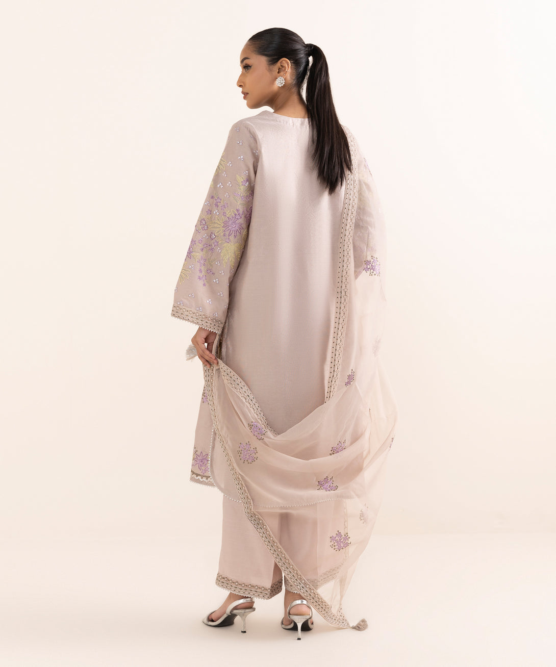 Women's RTW Silk Cotton Net Grey Embroidered 3 Piece Suit