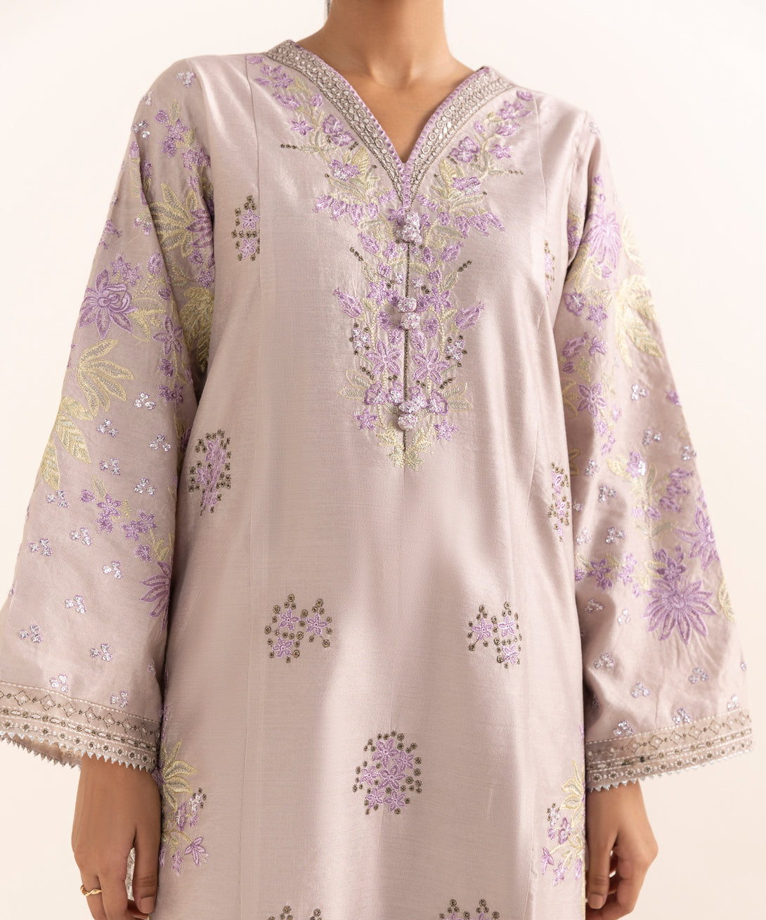 Women's RTW Silk Cotton Net Grey Embroidered 3 Piece Suit
