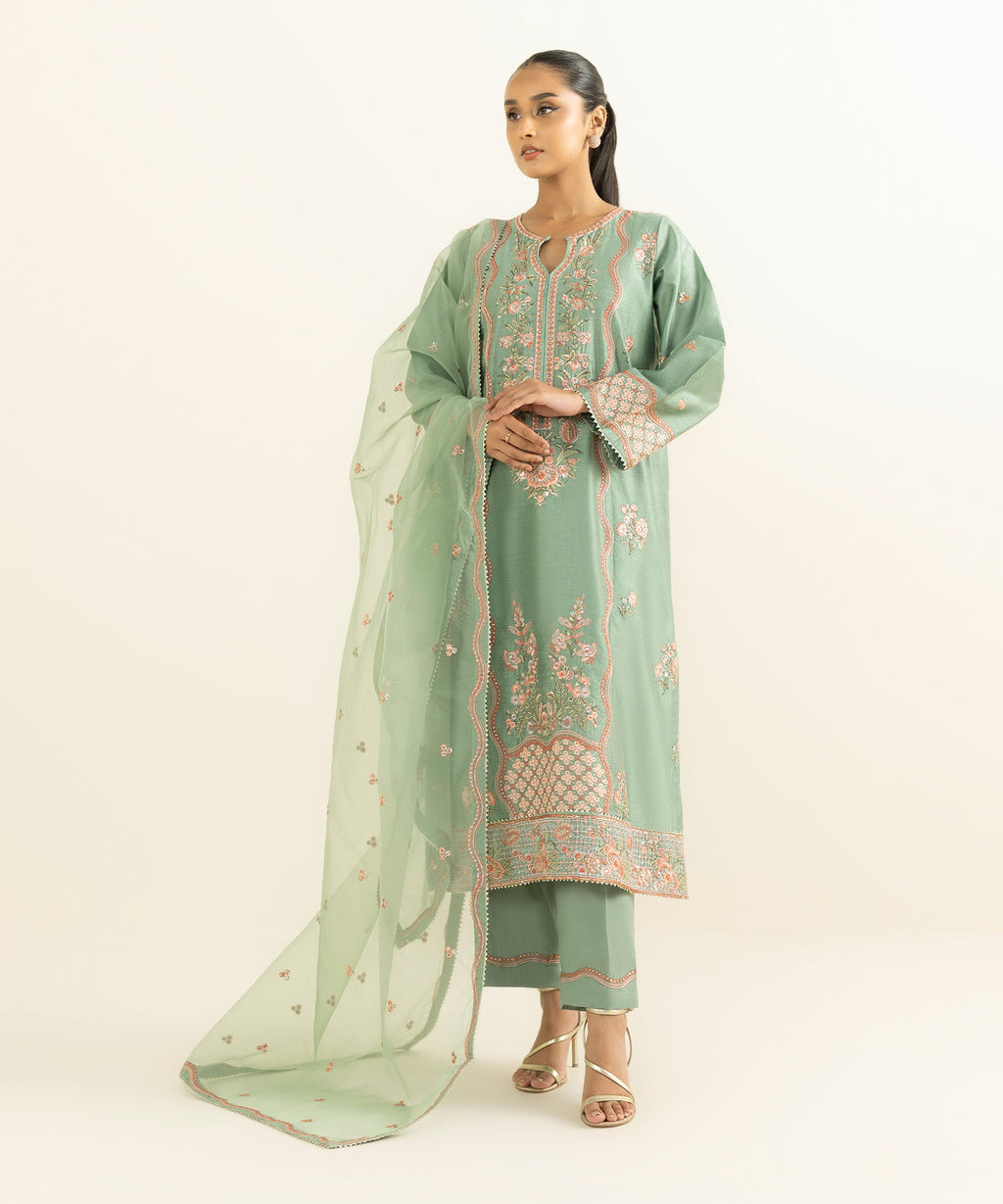 Women's RTW Silk Cotton Net Green Embroidered 3 Piece Suit