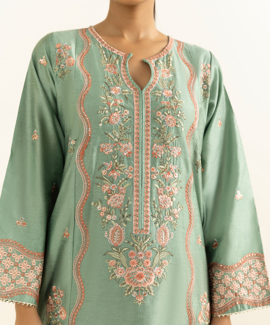 Women's RTW Silk Cotton Net Green Embroidered 3 Piece Suit