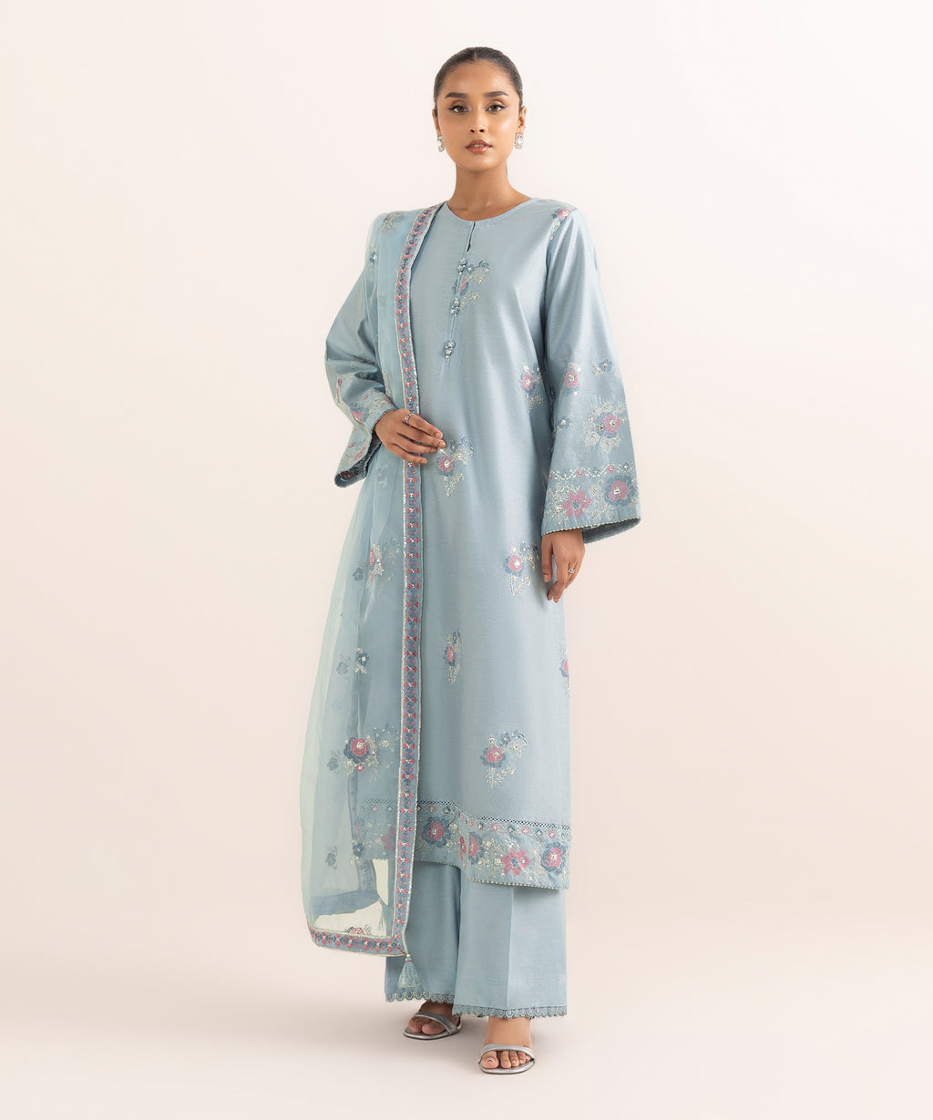 Women's RTW Silk Cotton Net Blue Embroidered 3 Piece Suit