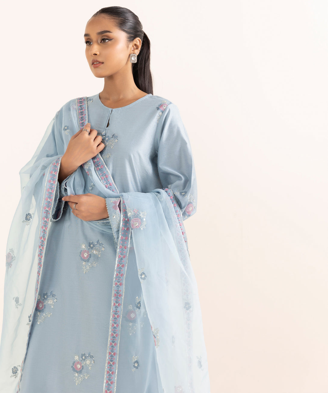 Women's RTW Silk Cotton Net Blue Embroidered 3 Piece Suit