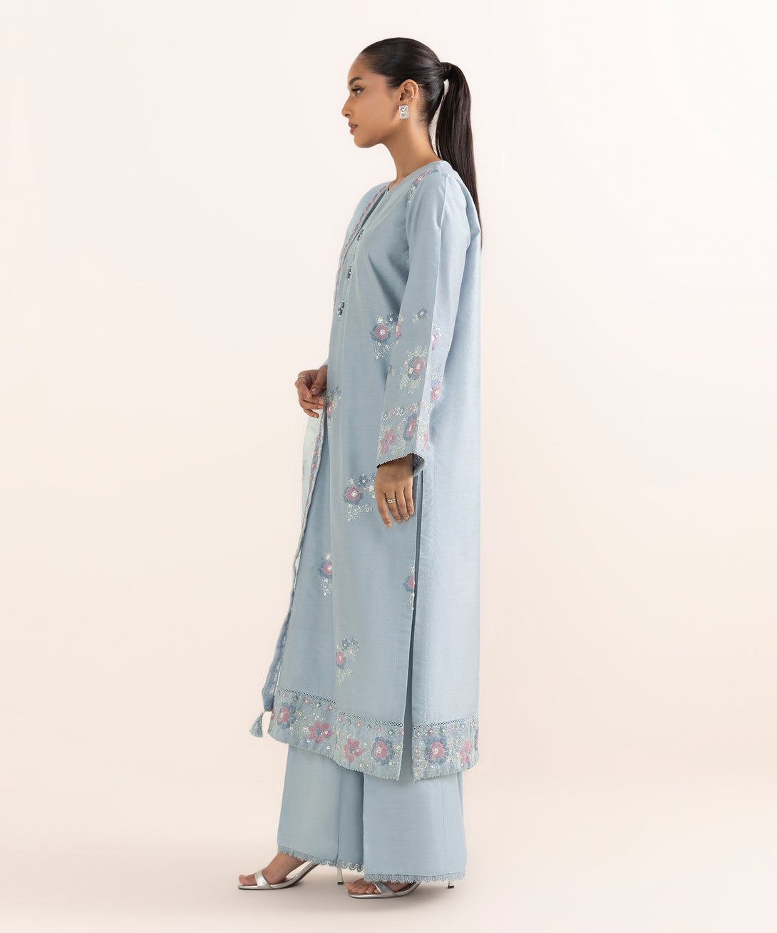 Women's RTW Silk Cotton Net Blue Embroidered 3 Piece Suit