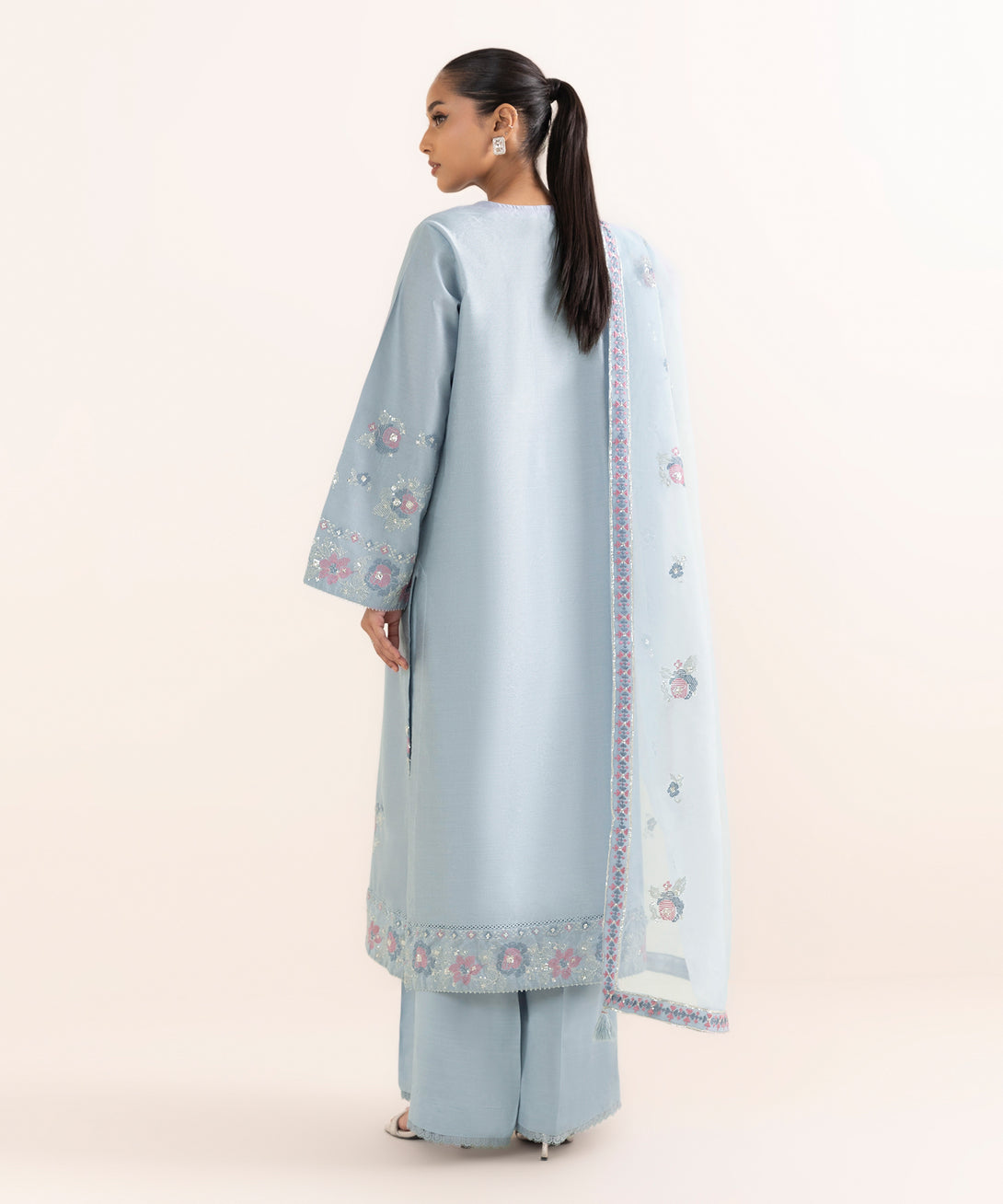 Women's RTW Silk Cotton Net Blue Embroidered 3 Piece Suit