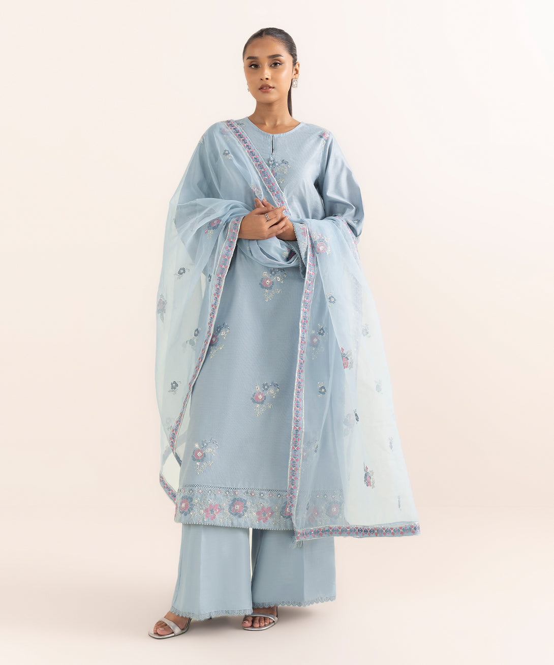 Women's RTW Silk Cotton Net Blue Embroidered 3 Piece Suit