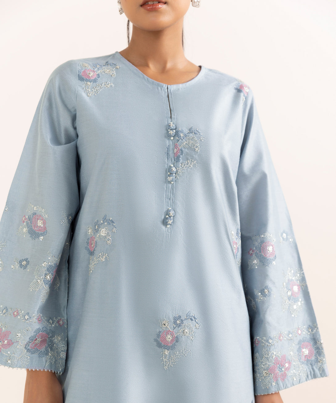 Women's RTW Silk Cotton Net Blue Embroidered 3 Piece Suit