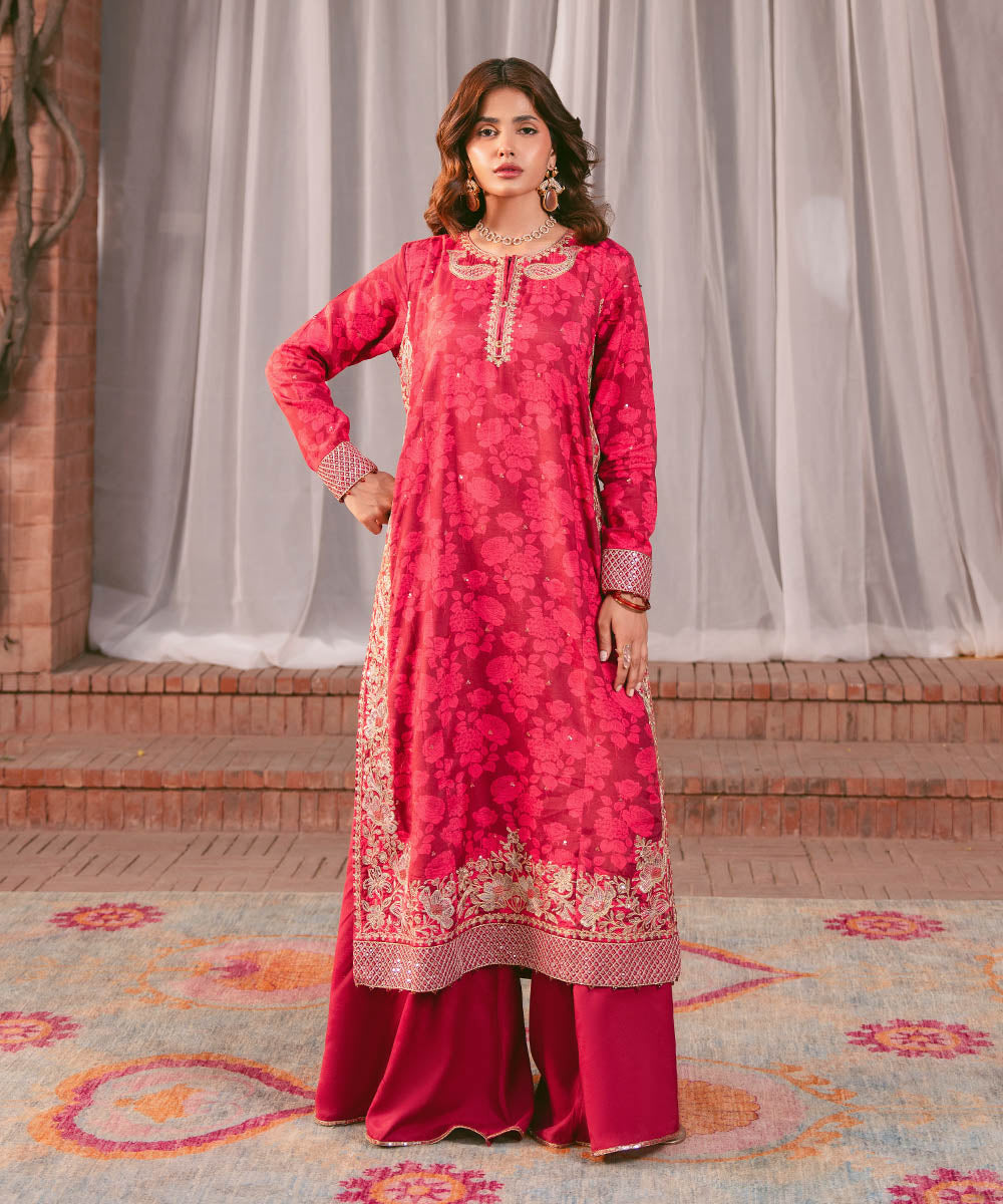 Women's RTW Viscose Raw Silk Pink Embroidered Two Piece Suit