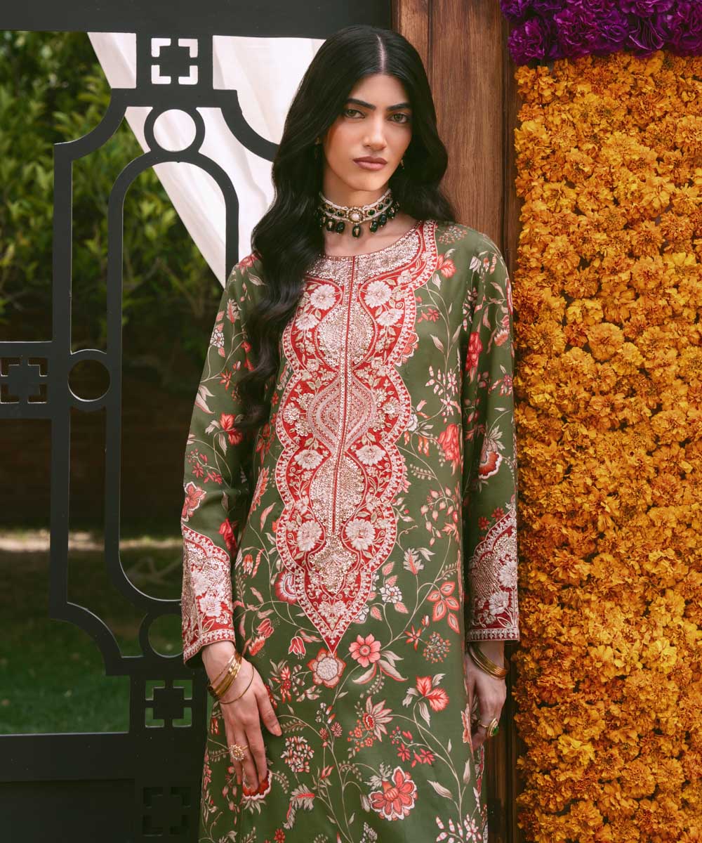 Women's RTW Viscose Raw Silk Green Embroidered Two Piece Suit