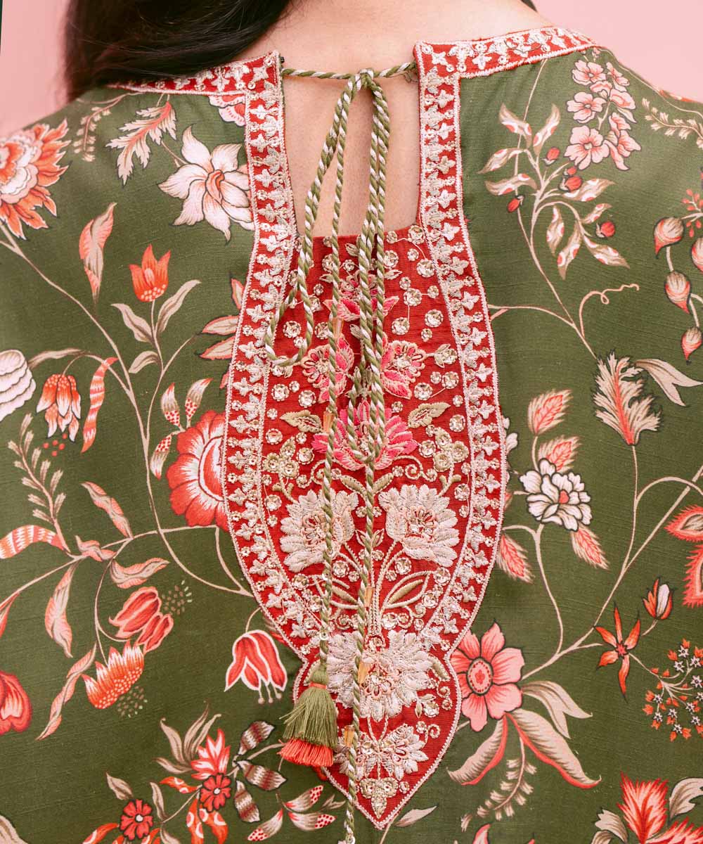 Women's RTW Viscose Raw Silk Green Embroidered Two Piece Suit