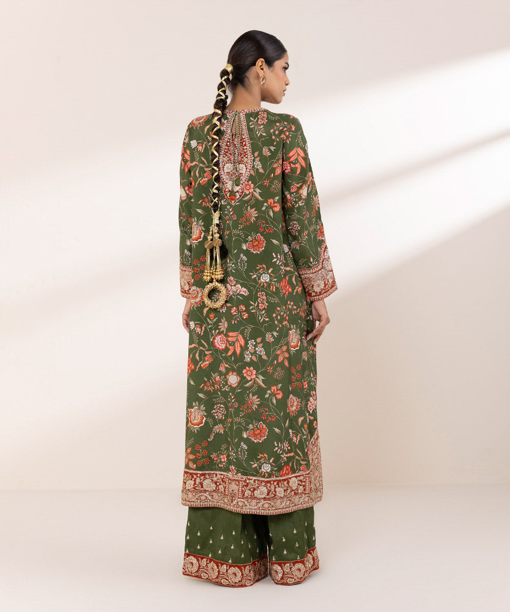 Women's RTW Viscose Raw Silk Green Embroidered Two Piece Suit