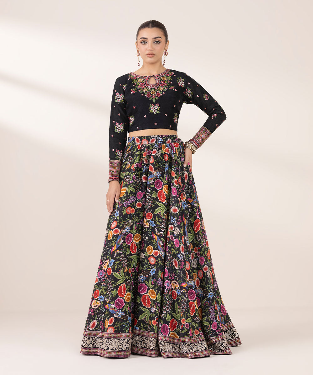 Women's RTW Viscose Raw Silk Black Embroidered Two Piece Suit