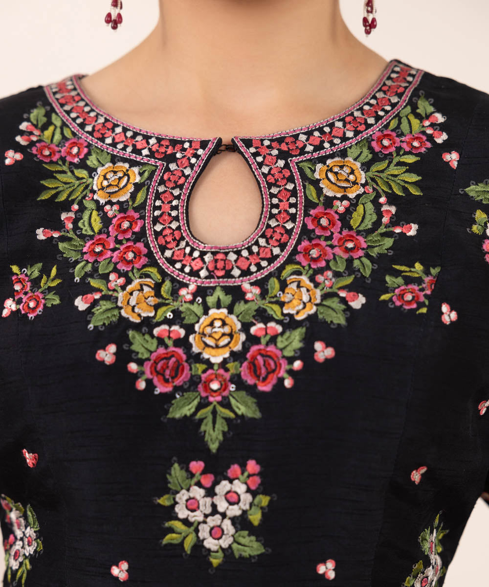 Women's RTW Viscose Raw Silk Black Embroidered Two Piece Suit