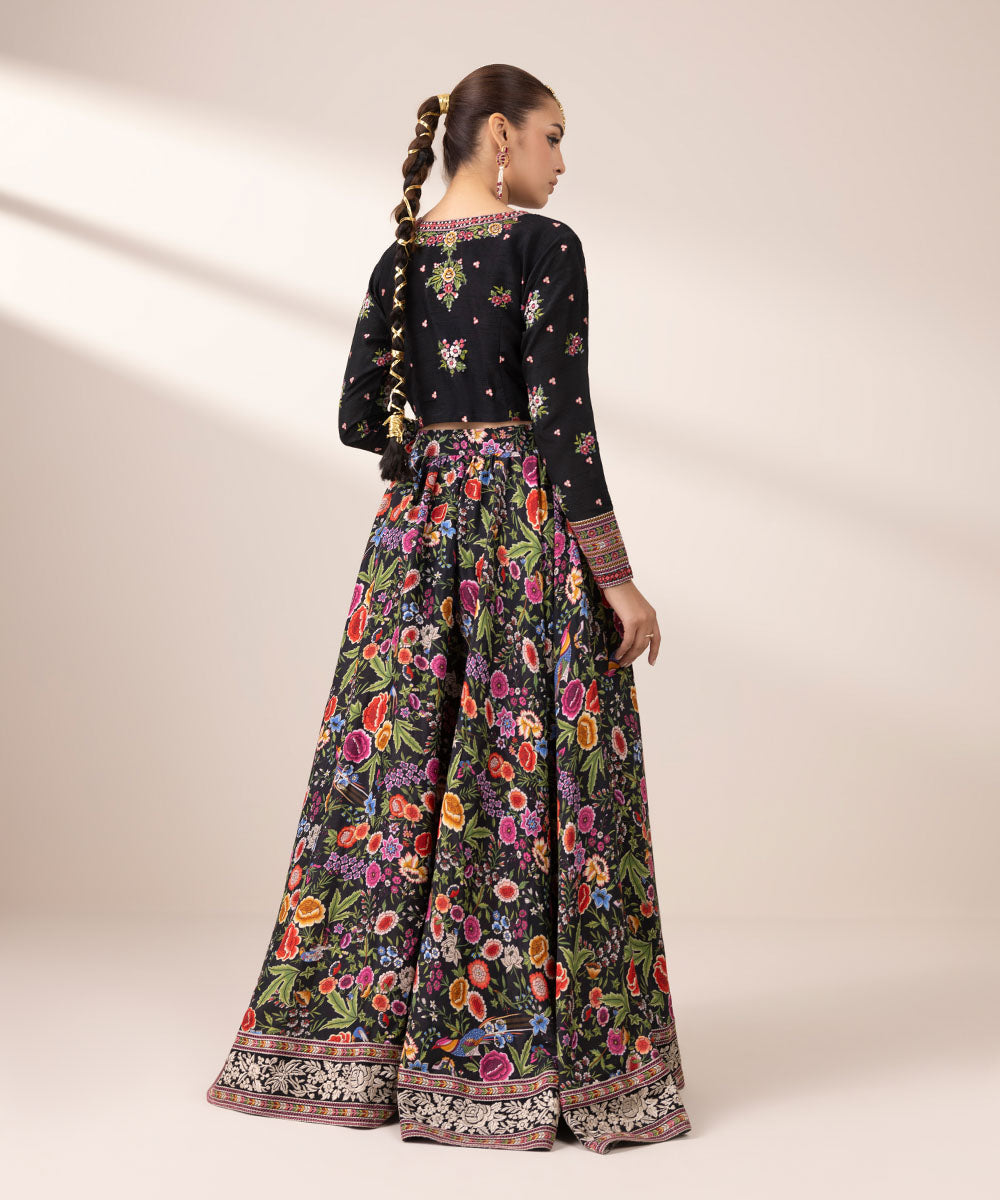 Women's RTW Viscose Raw Silk Black Embroidered Two Piece Suit