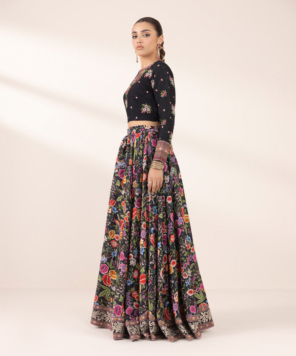 Women's RTW Viscose Raw Silk Black Embroidered Two Piece Suit