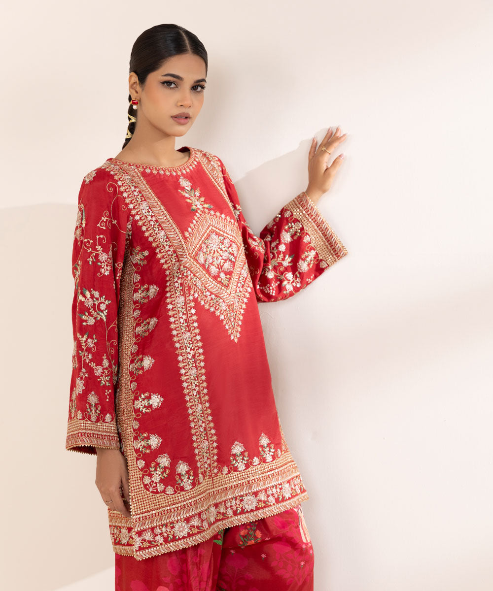 Women's RTW Viscose Raw Silk Red Embroidered Two Piece Suit