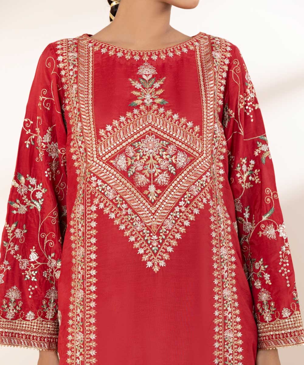 Women's RTW Viscose Raw Silk Red Embroidered Two Piece Suit