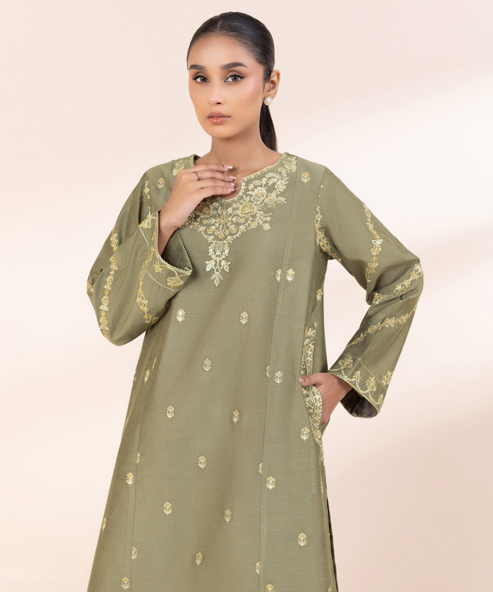 Women's Pret Silk Cotton Net Embroidered Green 2 Piece Suit