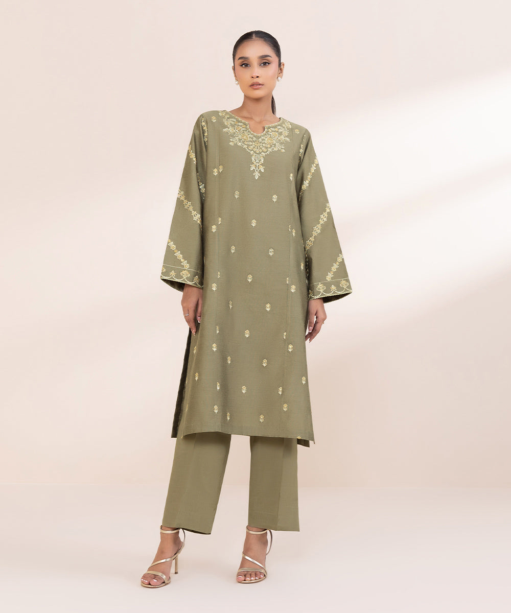 Women's Pret Silk Cotton Net Embroidered Green 2 Piece Suit