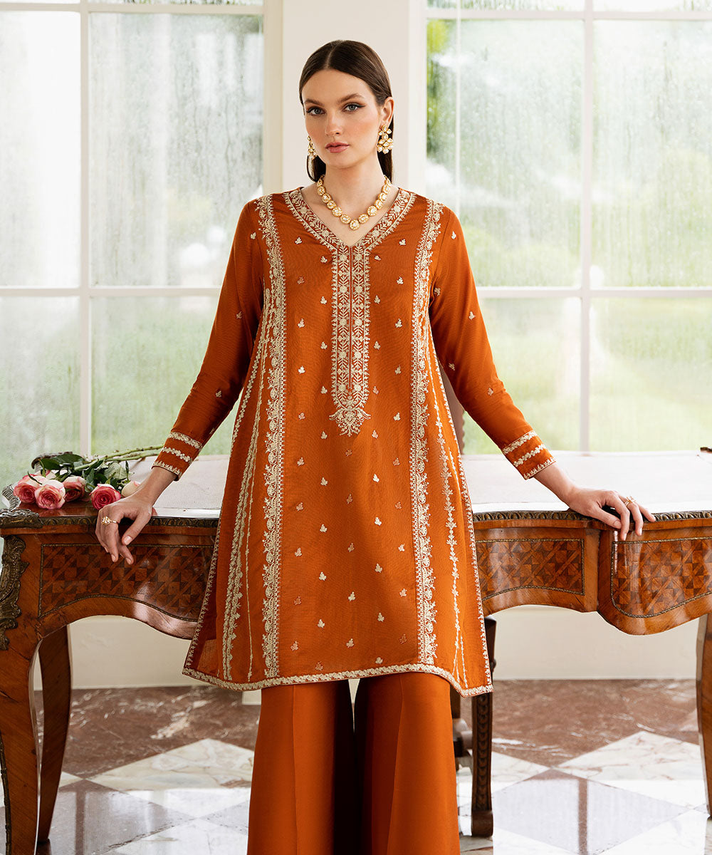 Women's Pret Silk Cotton Net Embroidered Orange 2 Piece Suit