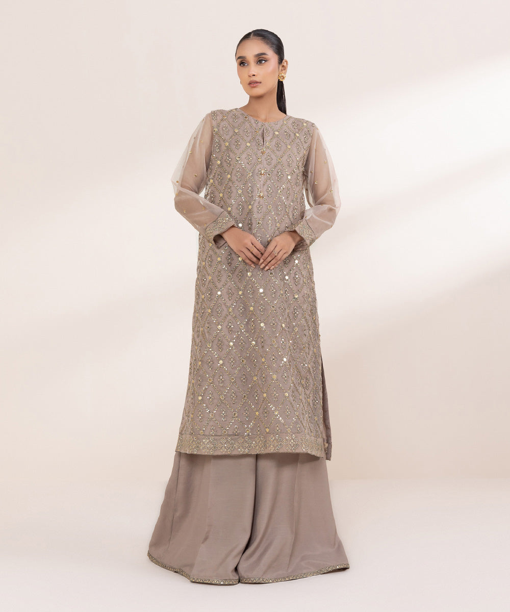 Women's Pret Blended Organza Embroidered Beige 2 Piece Suit