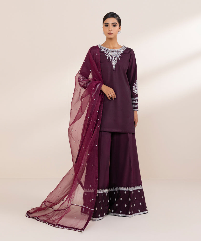 Women's Pret Wine Purple 3 Piece Embroidered Raw Silk Suit